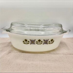 Vintage Anchor Hocking Fire King Meadow Green Covered Casserole Clear Lid